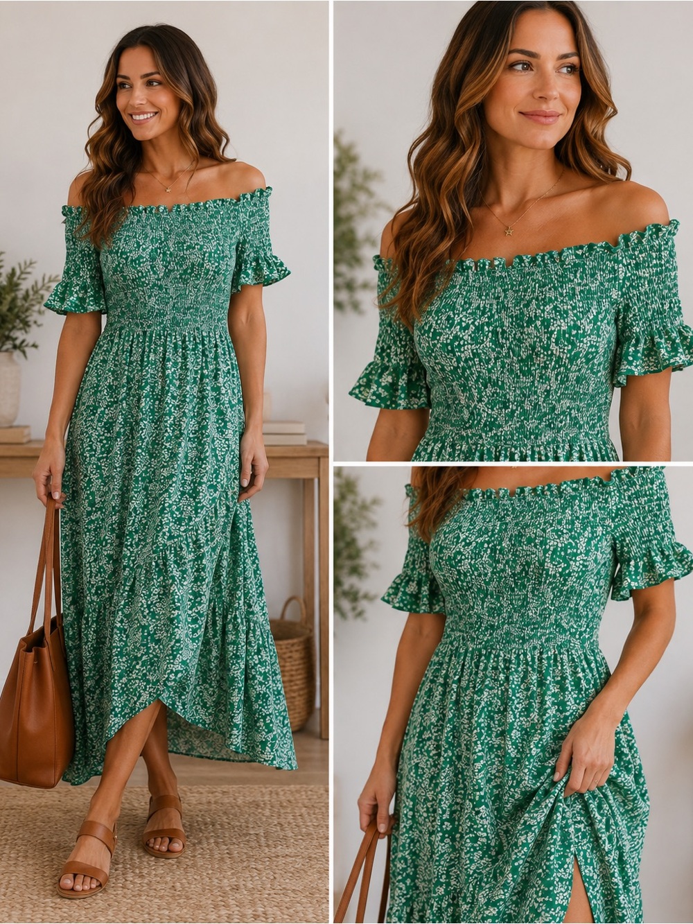 Lulus Green Floral Off Shoulder Smocked Maxi Dress XS